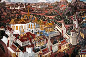 Detail of 'Ramakien' mural painting  - temple of the Emerald Buddha, Bangkok . Architectural elements in the panels are adapted from the real palaces and temples of the capital. 